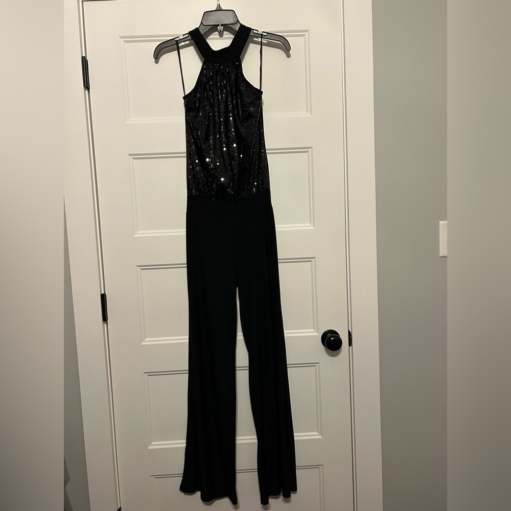 Women’s Size Small Body C Black Sequin Halter Tie Top Jumpsuit